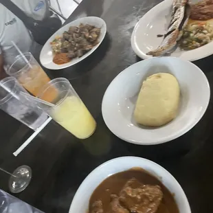 Ginger drink, fufu, lamb, soup