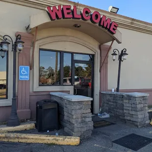 the entrance to a restaurant