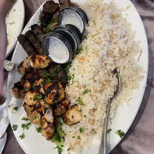 Chicken kabob, beef kafta