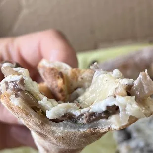 a hand holding a piece of pizza