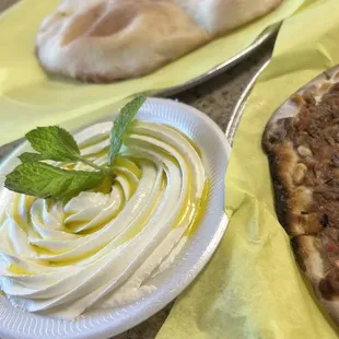 Labneh, fresh pita. Sfiha
