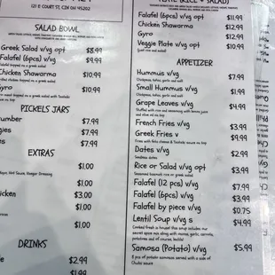 prices of the menu