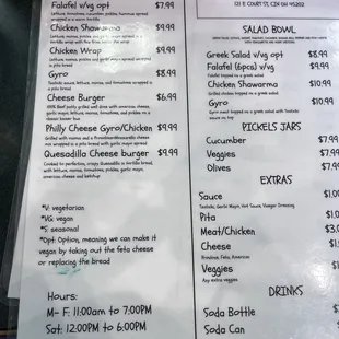 the prices of the menu