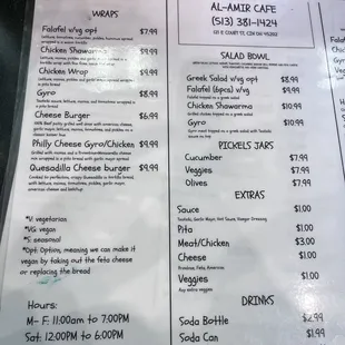 prices of the menu