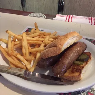 Double brat on a proper Sheboygan hard roll