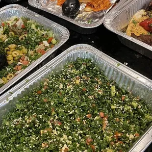 Tabouleh Salad, Greek Salad, Rice, Fish Filet, Lamb Kebab and Chicken Kebab