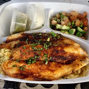 Fish Filet with rice and salad for #YelpsBigNightIn