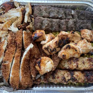 Combo for 3 - beef kabab, chicken tikka, chicken kabab, chicken cream chop, 1/2 lb beef shawarma, 1/2 lb chicken shawarma