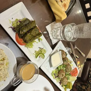 Studded grape leaves and falafel