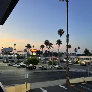 a parking lot with palm trees