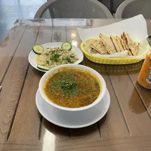 11 Homemade Lentil soup and  4 Baba Ghanouj with Pita Bread
