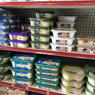a shelf full of food