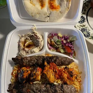 Mixed Grill with two Kufta kabobs and one chicken shish Tawook.