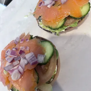Lox special with cream cheese, fresh avocados, fresh tomatoes, fresh cucumbers, topped with smoked salmon and onions~