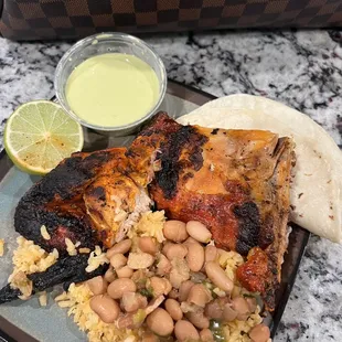 Chicken, rice, beans, tortilla &amp; green salsa