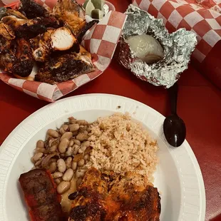 Whole chicken, red sausage, beans and rice