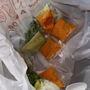 Salsas and veggie toppings.