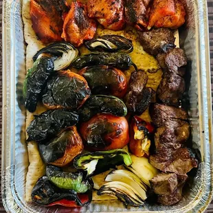 Chicken, beef and veggie kebabs.