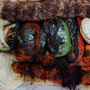 beef, mixed vegetables and chicken kabob