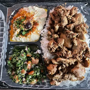 'Chicken Shawarma' Plate with rice hummus tabbouleh