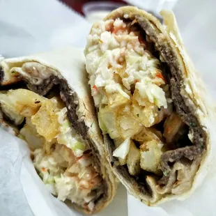 The Kof &amp; Slaw: kofta kebab spread on a pita then fried. Then it is stuffed with french fries, pickles, coleslaw, ketchup and hot sauce