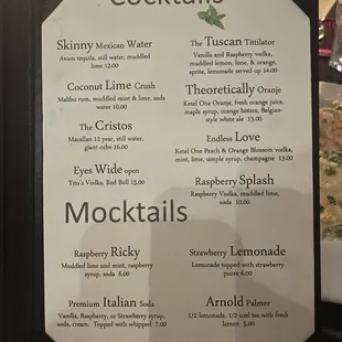 Cocktail menu and mocktails