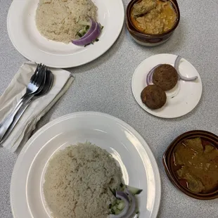 Pulao rice, chicken curry, beef curry and shami kabob