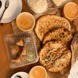 Chicken Tikka Masala, Garlic Naan, Garlic Pesto Naan, Veggie Samosa
