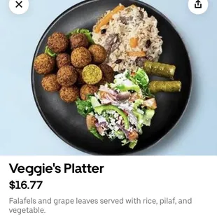 Veggie platter comes with falafel, grape leaves, veggie and rice pilaf