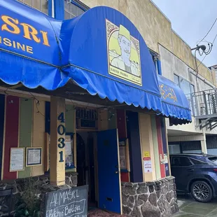 the entrance to a restaurant