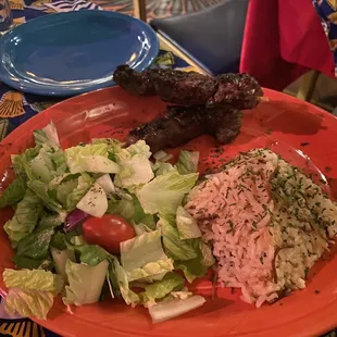 Lamb Kabob, rice and salad