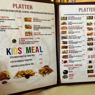 Part of menu including kids menu