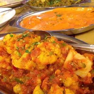 Cauliflower, 2 kinds of tikka and spinach dish, feast :)
