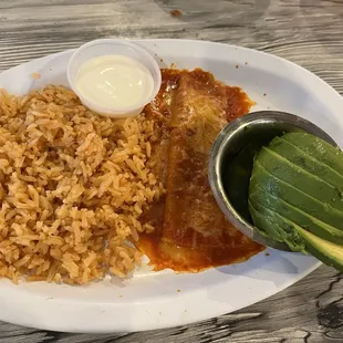 1 cheese enchilada Al La carte, side of rice side of avocado