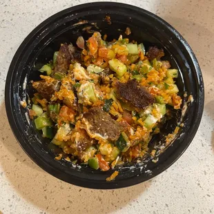 Gyro bowl with light rice and extra salad with hot sauce and Garlic Sauce