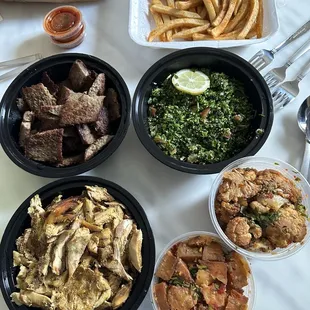 Fries, Tabouli, Cauliflower, Spicy Potatoes, Chicken Shawarma, Beef Gyro