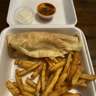 Chicken shawarma and fries w/ garlic sauce and hot sauce