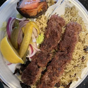 Kabob plate with lentil/onion rice