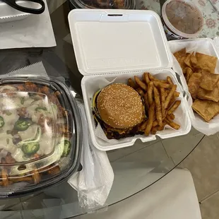 Left to right: Loaded Buffalo Chicken Fries, Double Cheeseburger w/ Fries, Chips &amp; Homemade Hot Salsa