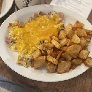 Ham, Bacon, Cheddar Scramble with Home Fries