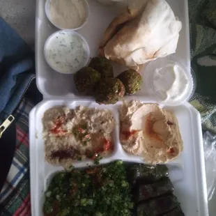 Here is a photo.  Came with falafel, hummous, baba, pita and tabouli