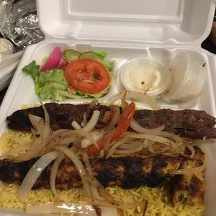 Mixed kofta kabob with yellow rice