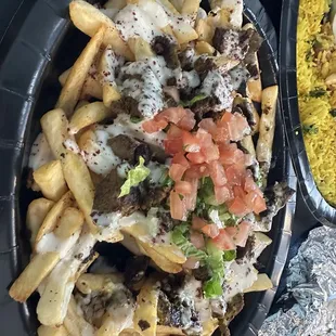 Loaded fries with beef shawarma tastes great, but all those fries make it a heavy appetizer!