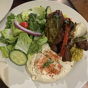 Lamb Kebab Entree comes with salad &amp; hummus