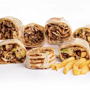 a group of burritos and french fries