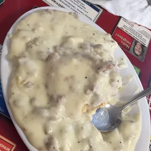 1/4 portion of sausage gravy and biscuits.  Filled the whole plate!