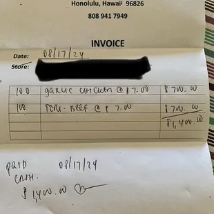 Cash only. Handwritten receipt.