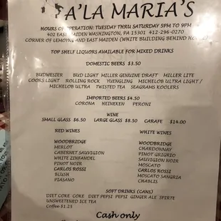 Drink menu