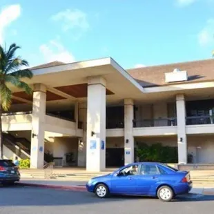 Outside view of the building.  Elevator on the far left end and stairs in the center lead upstairs to the PALADIUM