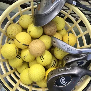 They have a basket of misc clubs to use. These were the best of the filthy bunch. After its use, staff didn&apos;t bother post covid cleaning.